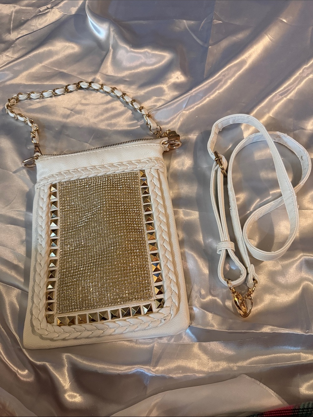 White Crossbody Phone Bag with Gold Crystal Panel and Chain Strap
